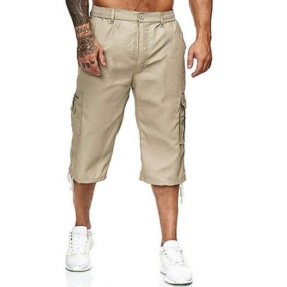 FeMereina Men's Casual 3/4 Cargo Shorts Below Knee Loose Cargo Capri Shorts Multi-Pocket Bottoms