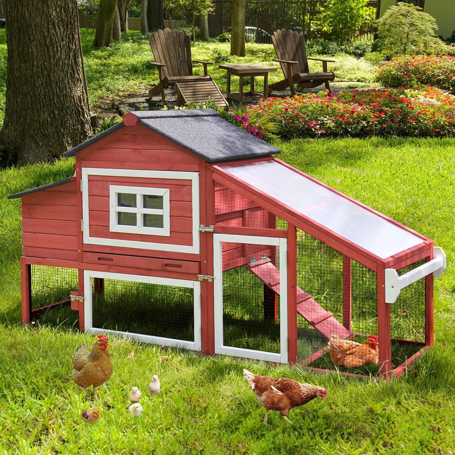 Aivituvin Mobile Chicken Coop with Wheels for 2-4 Chickens, Weatherproof Chicken House Poultry Cage with Nesting Box, Leakproof Pull-Out Tray for Outdoor Backyard, Red