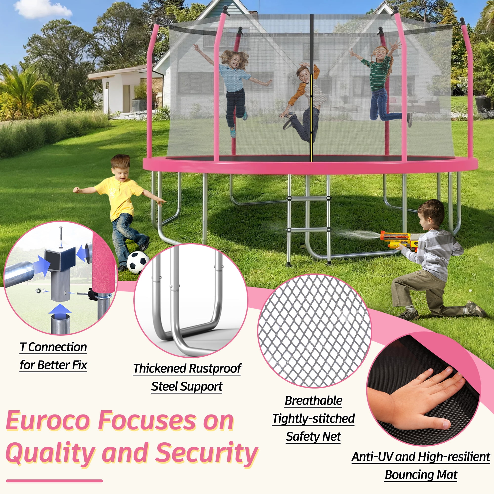 EUROCO 16FT Trampoline with Enclosure Net for Kids and Adults, 1500LBS Backyard Outdoor Large Tranpoline