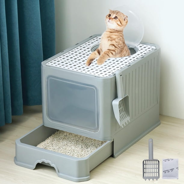 Arenero largo para gato con pala, arenero cerrado plegable 50x40x40 cm, caja de arena para mascotas peso menor a 13 kg, con puerta superior y puerta l