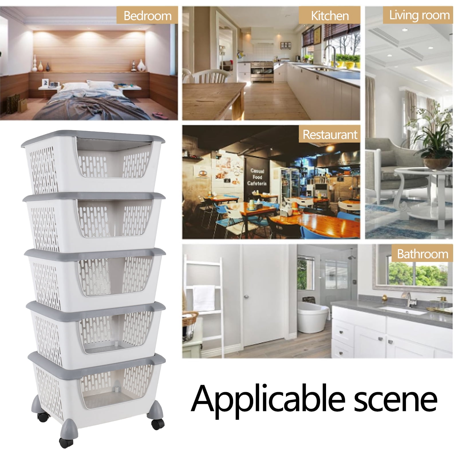 Afromy 5 Tier Open Front Storage Bins with Wheels, Plastic Stackable Storage Organizer Basket for Kitchen