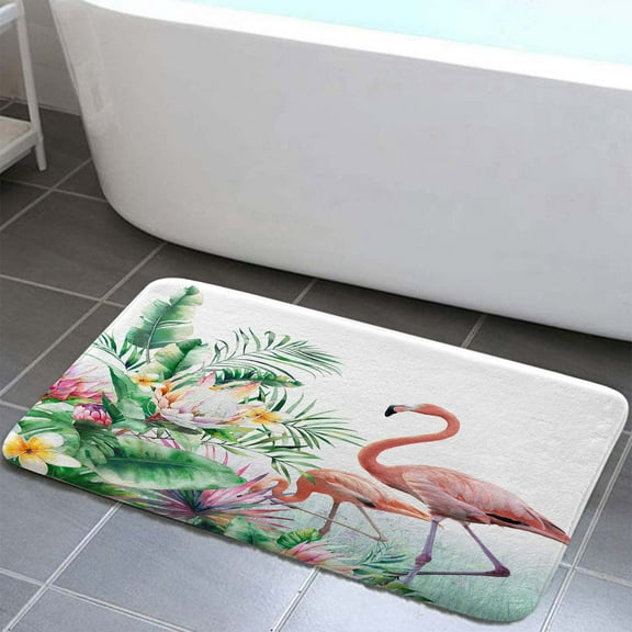 Flamingos Bath Mats for Bathroom, Tropical Plant Bathroom Rug Non Slip Absorbent for In Front Of Bathtub,Shower Room 17 X 29 Inch