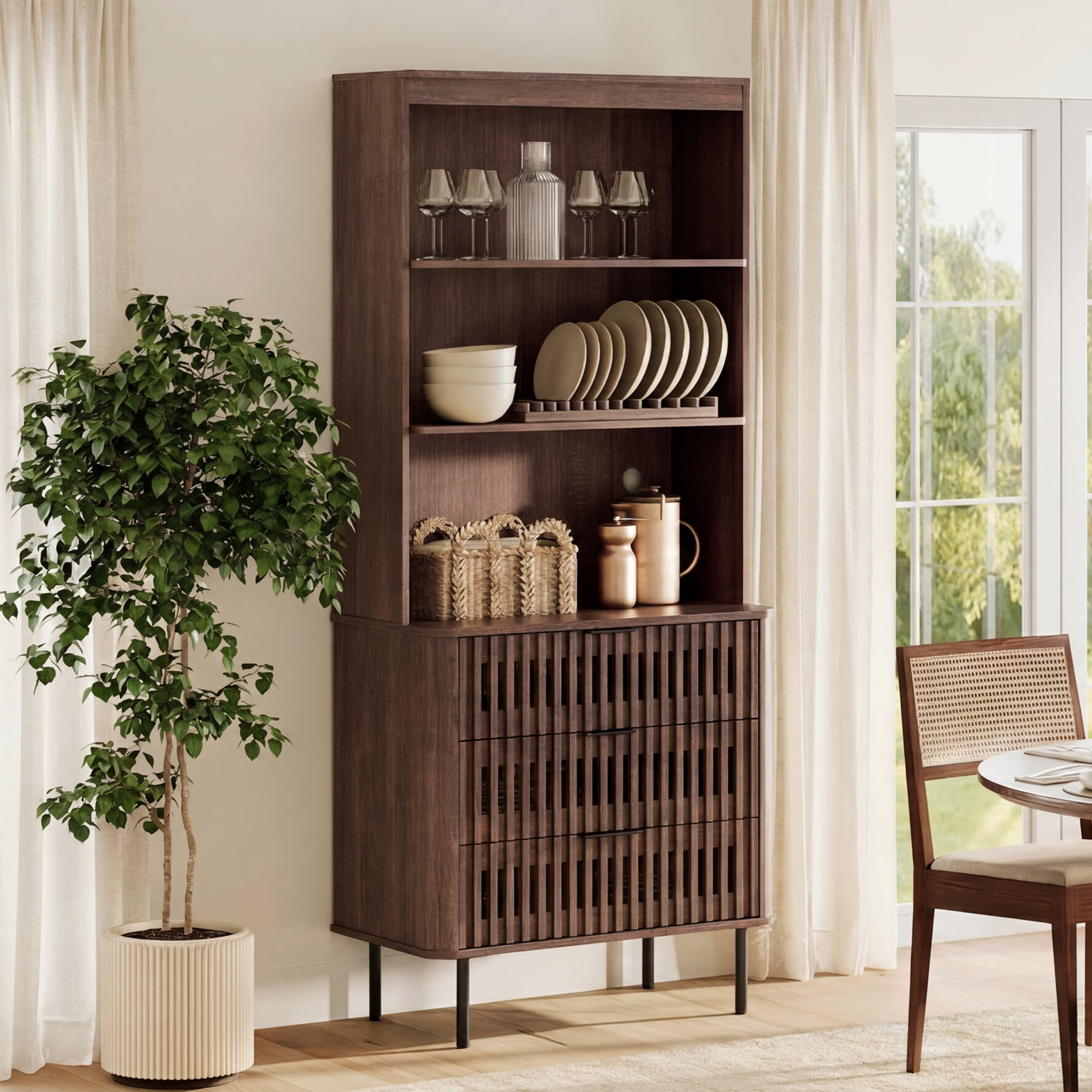 WAMPAT 72.8" Tall 3-Tier Bookshelf with Large Drawer, Modern Bookcase with Storage, Adjustable Shelves, Wood Storage Cabinet, Walnut, 3 PCS