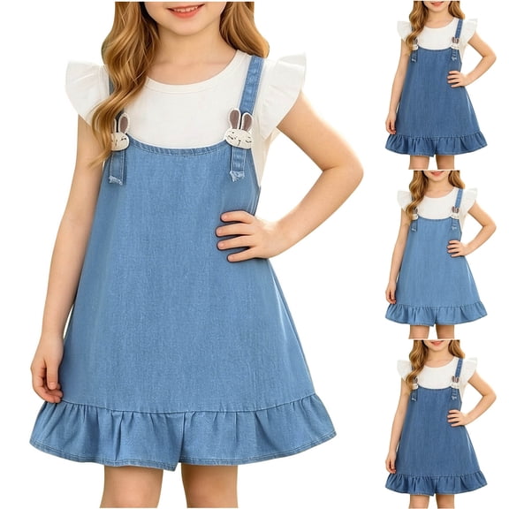 HAOTAGS Denim Dress with Ruffled Trim Short Sleeve Solid Crew Neck Summer Casual Dress Light Blue Size 12