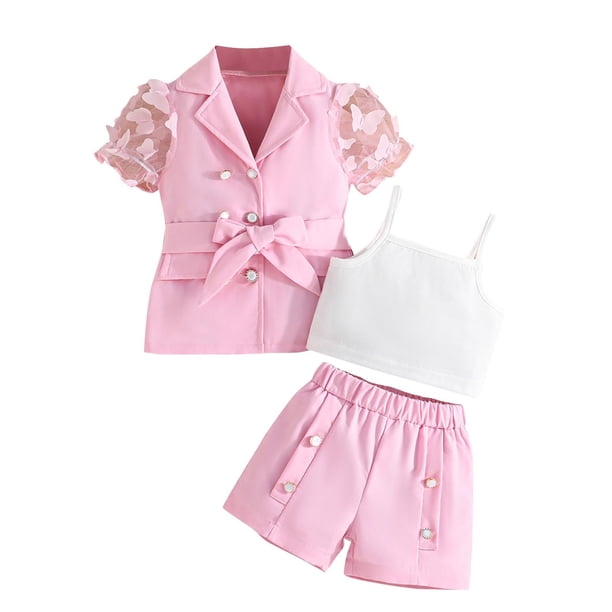 Odeerbi 3-9 Años Trajes de Verano Para Niñas Camisola de Algodón Pantalones Cortos Chaqueta Blazer Trajes Chaqueta Con Solapa de Muesca Conjunto de Tres Piezas