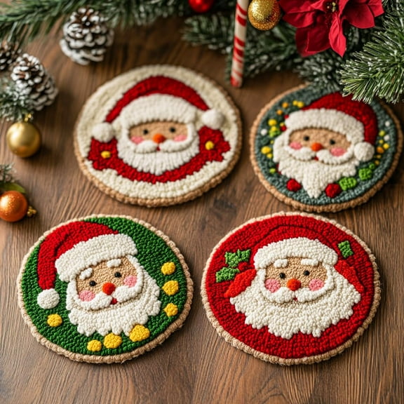 4 Set DIY Punch Needle Coaster Kits Cute Chritmas Santa Easy for Beginners with Adhesive Felt Hoop Punch Needle Embroidery Starter Set with Pattern for Drink Cups Mat Home Decor-7