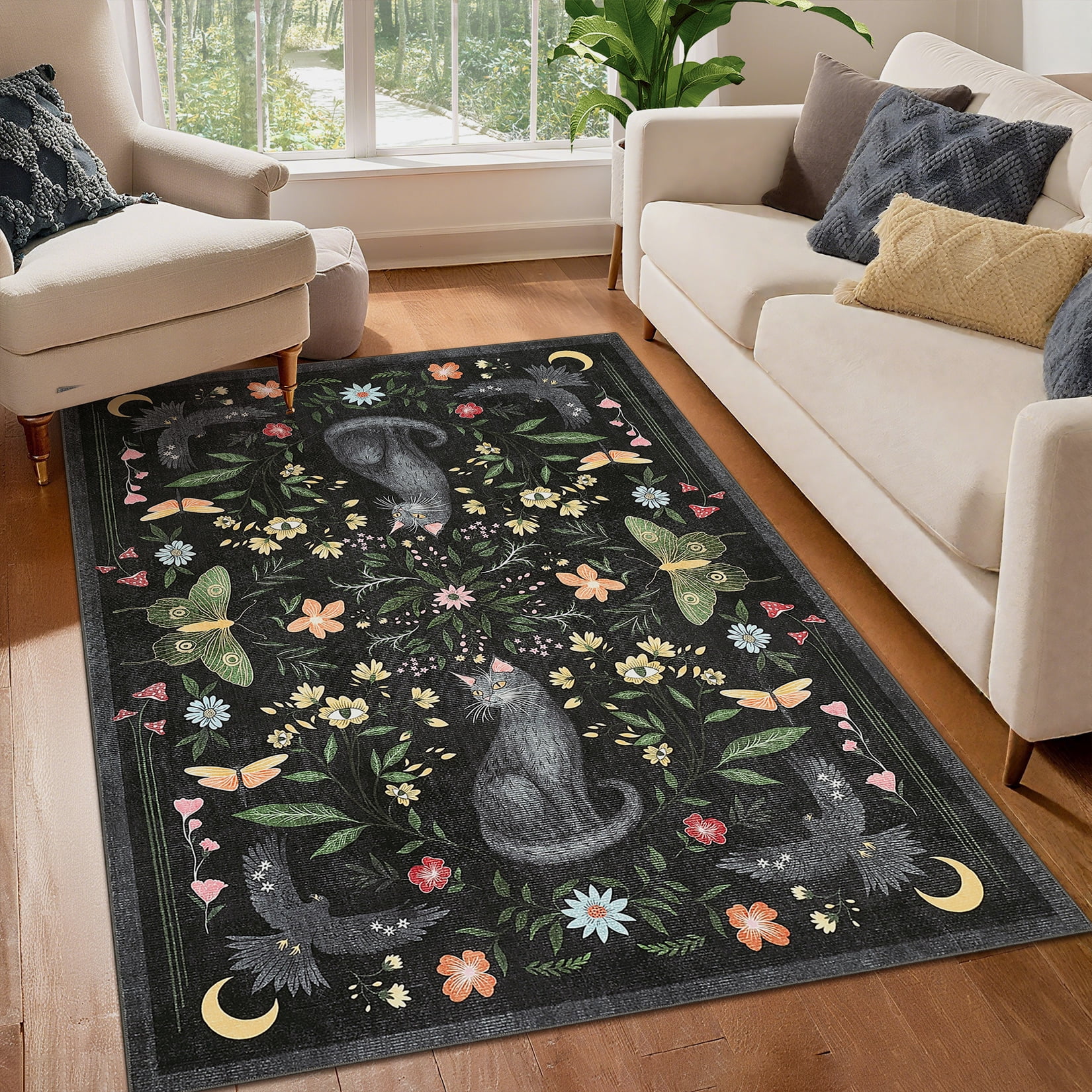 Garvee 5'x7' Boho Area Rug Cat Floral Pattern Carpet, Vintage Washable Rug Non-Slip Indoor Accent Carpet for Living Room Bedroom Home Office, Black