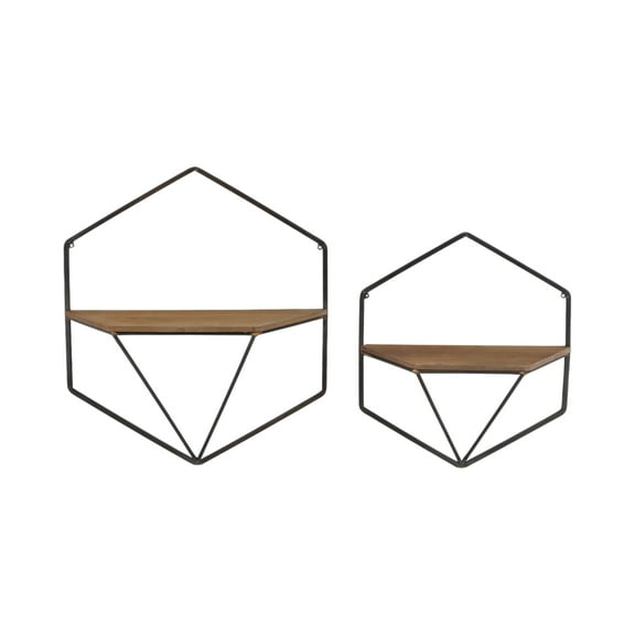 Sagebrook Home Set Of 2 Metal / Wood Hexagon Wall Shelves, Brown, Hexagon, Iron, Transitional, 17"L X 7"W X 17"H, Solid Color