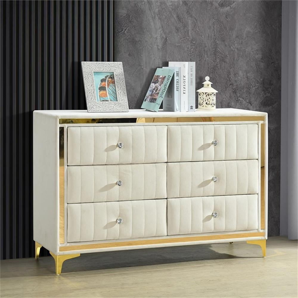 Better Home Products Velvet 6 Drawer Dresser with Gold Legs in Cream