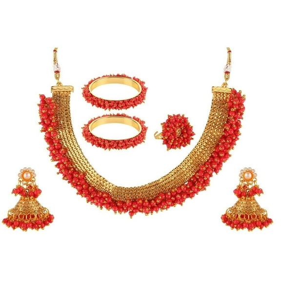 Efulgenz Indian Bollywood Faux Pearl Beads Bridal Choker Necklace Earrings Bracelet Bangles Ring Jewelry Set