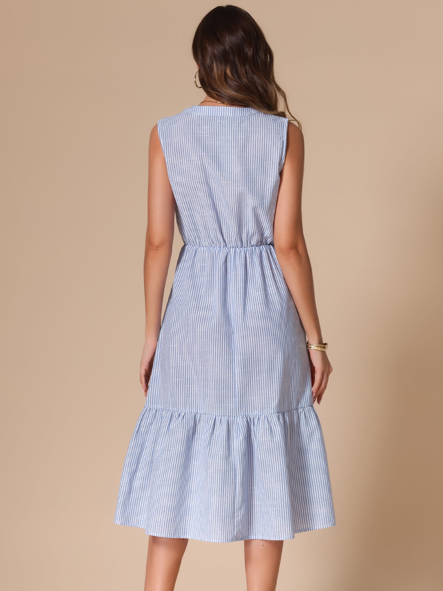 DARING DIVA Stylish Striped Midi V-Neck Sleeveless Dress S Blue