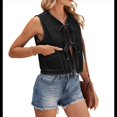 thumbnail image 2 of Camisetas Sin Mangas de Mezclilla con Lazo Frontal para Mujer, Camisetas Informales de Cuello Redondo Sin Mangas con Volantes para y Verano Negro y Gris S, 2 of 9