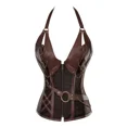 thumbnail image 2 of Disfraz de pirata para mujer, ropa medieval vikinga Steampunk, corsé de caballero gótico, chaleco de cuero con cuello halter para Halloween, 2 of 5