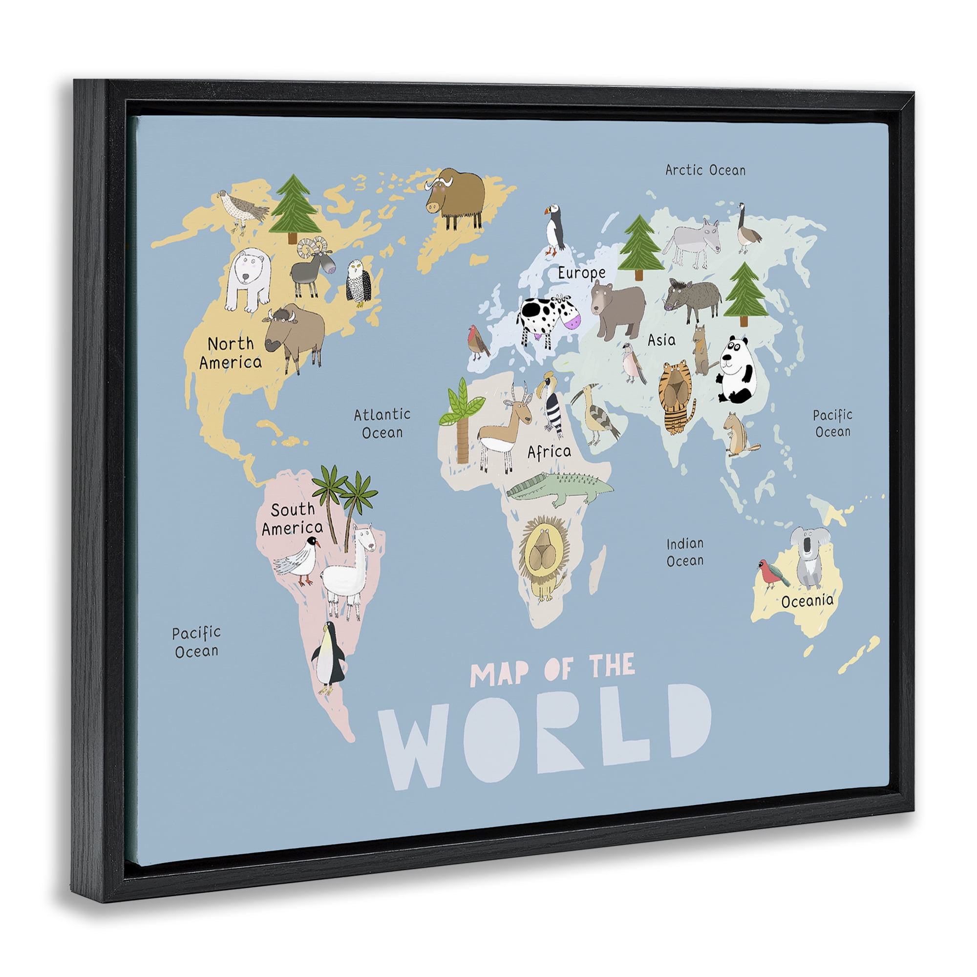 Kid's Map Of World Blue Black Framed Floater Canvas Wall Art, design by Carla Daly