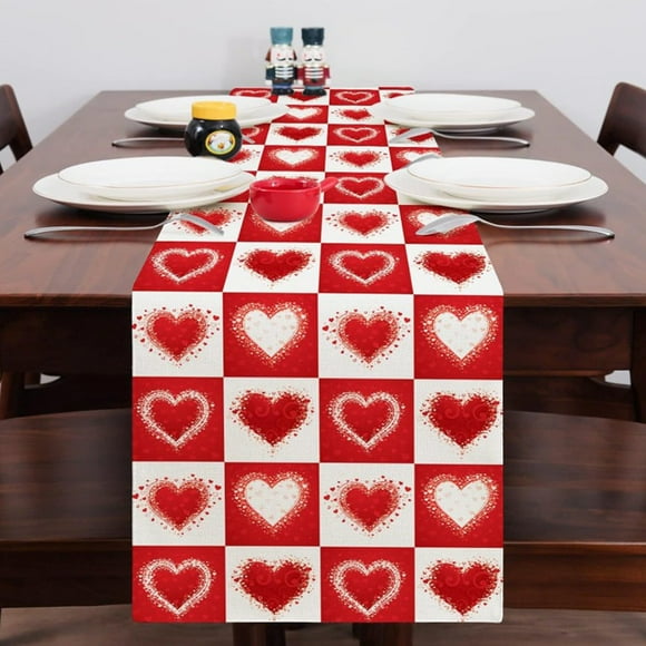 Vaidha Valentine's Day Table Runner | 13x72 Inch Long Red Flax Tablecloth | Romantic Heart Art Texture | Soft Holiday Decor for Dining Table Kitchen Party Wedding