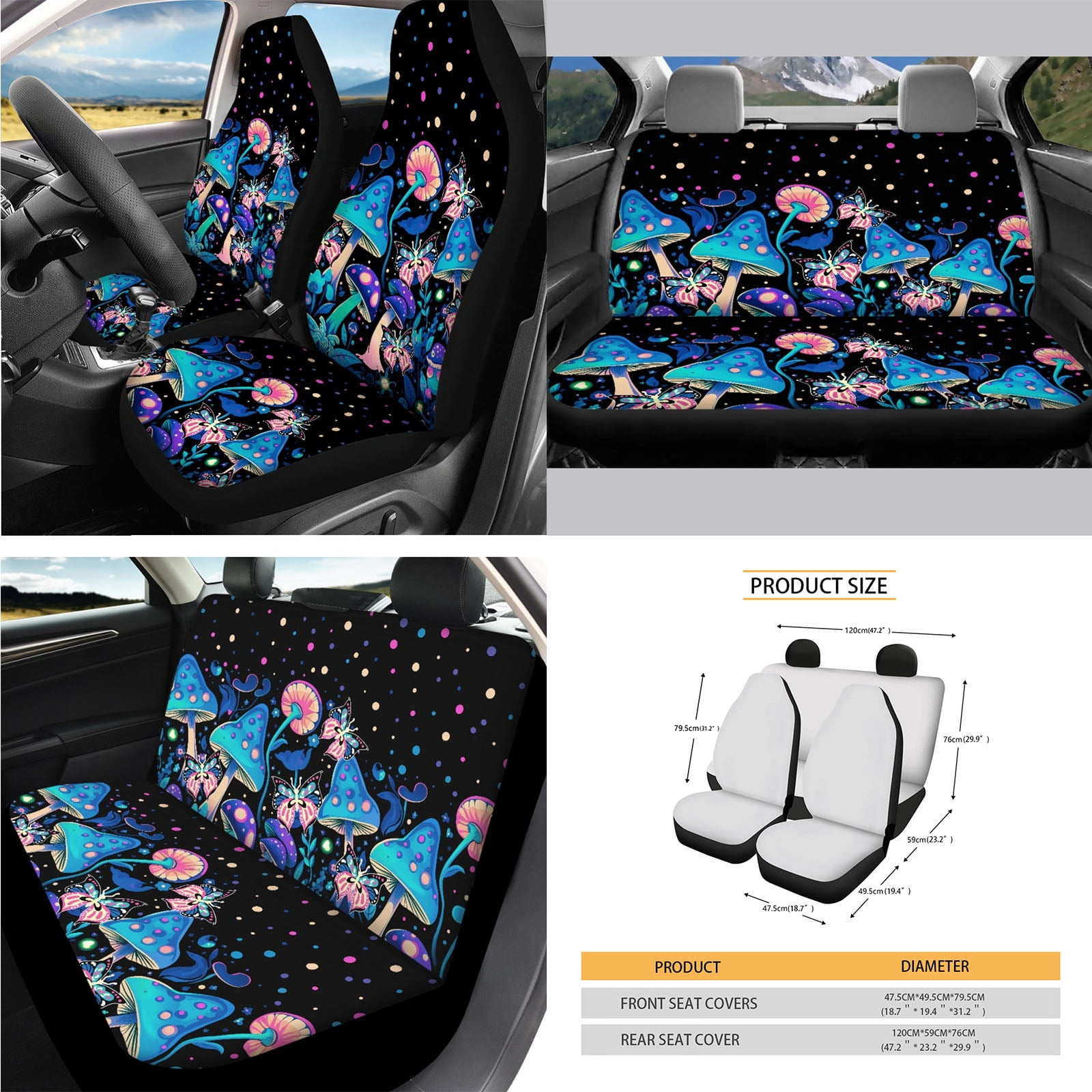 Yuyamidu Blue Mushroom Car Front Back Seat Covers Butterfly Steering Wheel Cover Seat Belt Pad Garbage Bin Armrest Cover Pad Rearview Mirror Cover Handbrake Cover Set Coasters, Set of 14