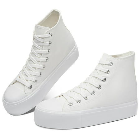 

Obtaom Women’s Platform High Top Canvas Shoes Comfy Platform Hi Top Canvas Fashion Sneakers For women Cute Mid Calf Canvas Thick Sole Walking Shoes(All Whtie US10)