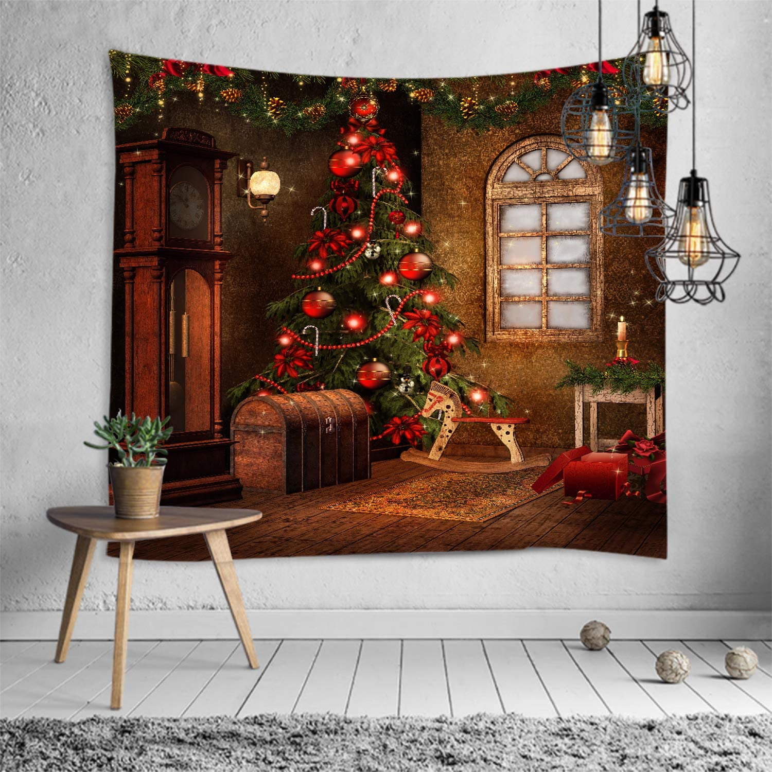 Christmas Tapestry Retro Christmas Tree Wall Tapestry Wood Horse Clock Wall Hanging Decor for Bedroom Livingroom Dorm Home W59 x L51 Walmart