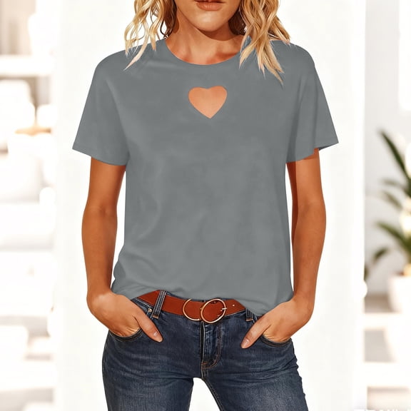 Xdegoge Women Short Sleeve Tops Heart Shape Cut Out Shirt Casual Crewneck T Shirts Fashion Going Out Shirt 2026 Spring Summer Valentines Clothes Holiday Outfits