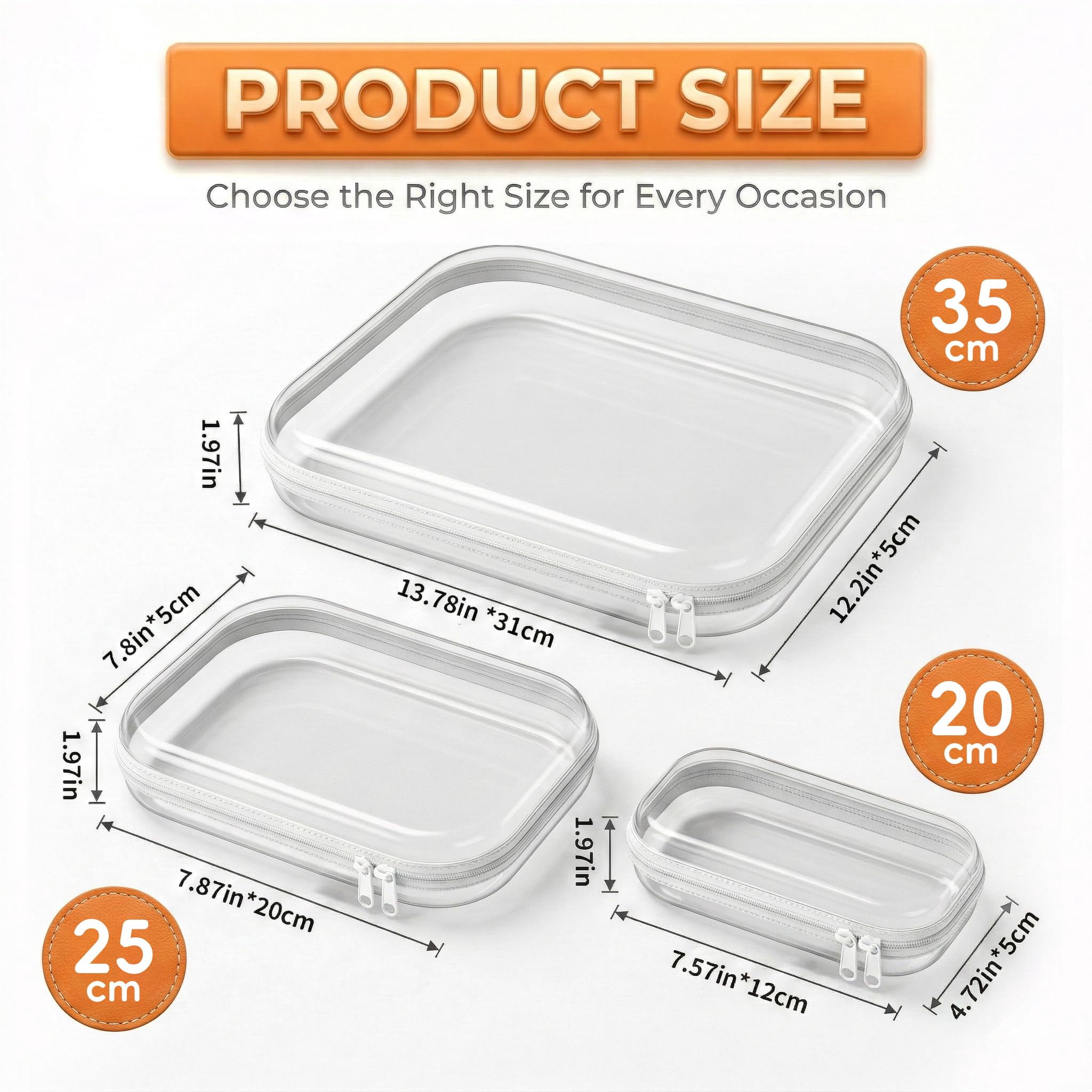 6 Pack Clear Hard Shell Zipper Case Set, 1.2mm Heavy Duty Crush-Resistant Organizer Pouches, Travel Storage Bags for Toiletries, Cables and Daily Essentials, 2L 2M 2S