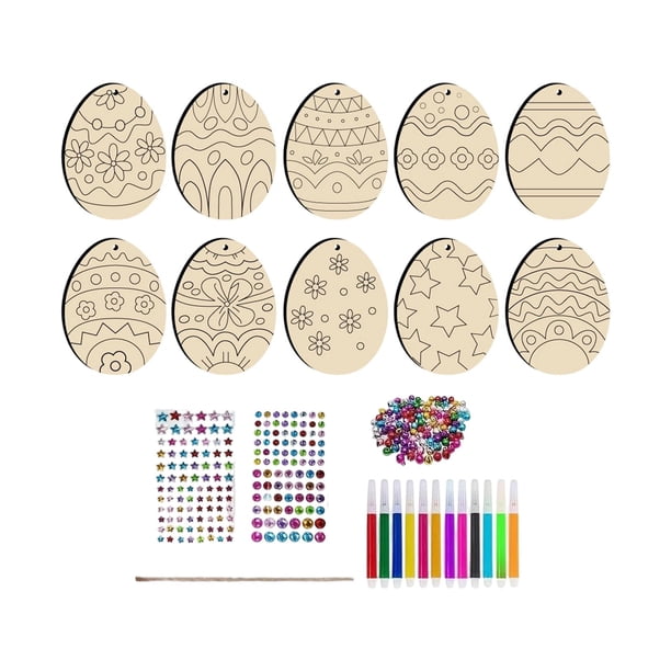 Adornos de huevos de madera con recortes de Pascua, diferentes patrones y decoraciones colgantes. Estilo B