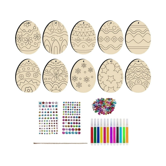 Adornos de huevos de madera con recortes de Pascua, diferentes patrones y decoraciones colgantes. Estilo B