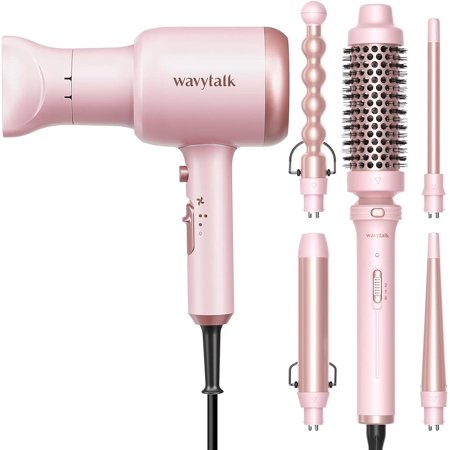 Wavytalk Professional Hair Dryer with Diffuser 1875W Power Dryer, Wavytalk 5 in 1 Curling Iron, Curling Wand Set with Curling Brush and 4 Interchangeable Ceramic Curling Wand(0.5”-1.25”)