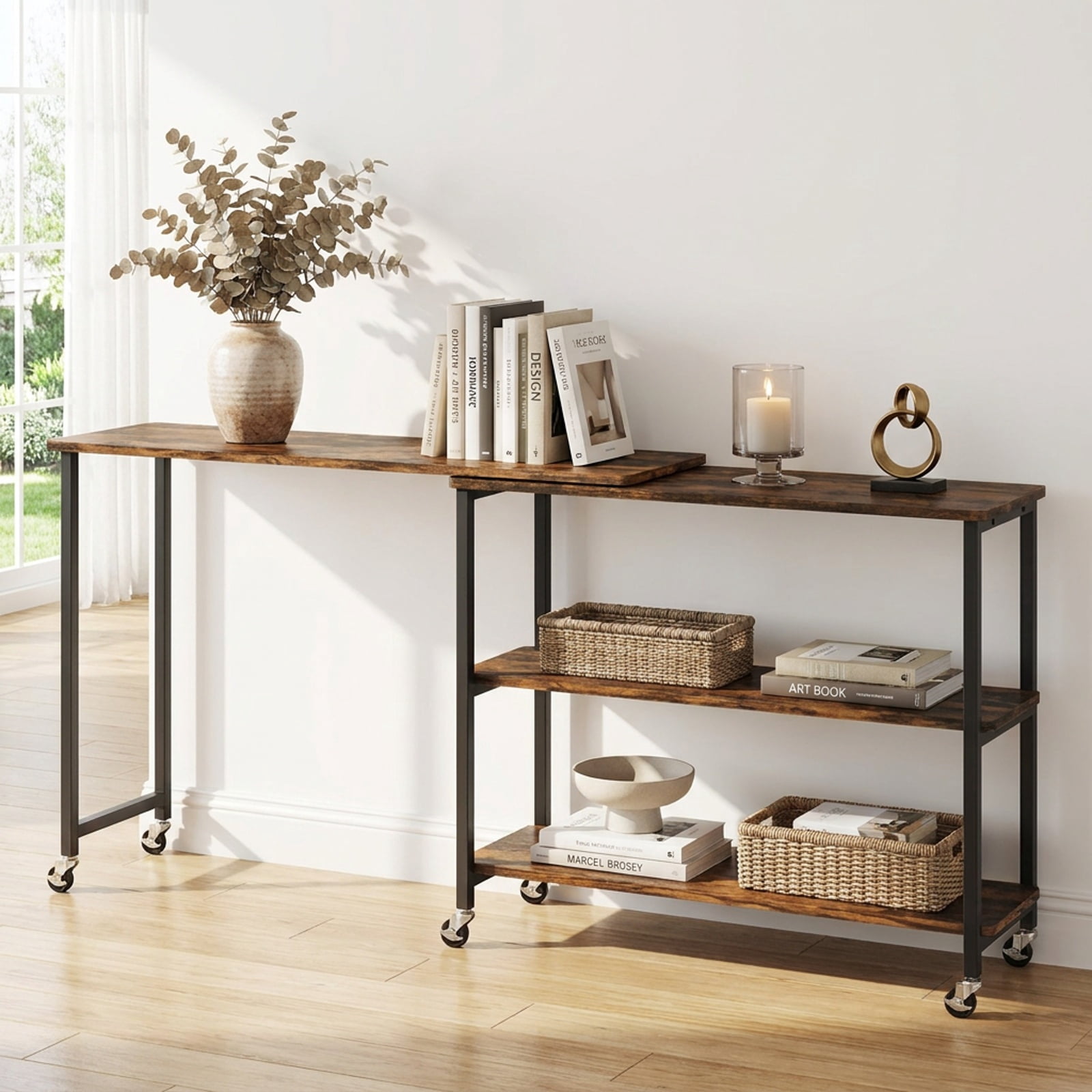 Furnibear Large 360 Degree Rotating Sofa Side Table with Lockable Wheels and Two Tier Storage Shelf for Living Room Office and Entryway, Rustic Brown