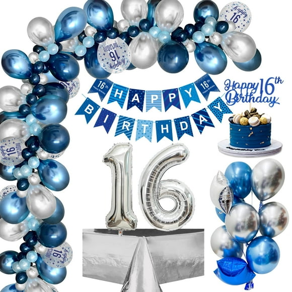 Decoraciones para fiesta de cumpleaños número 16 de YANSION, pancarta azul marino y plateada con la frase "Happy 16th Birthday" y globos azul plateado metálico, globos con el número 16