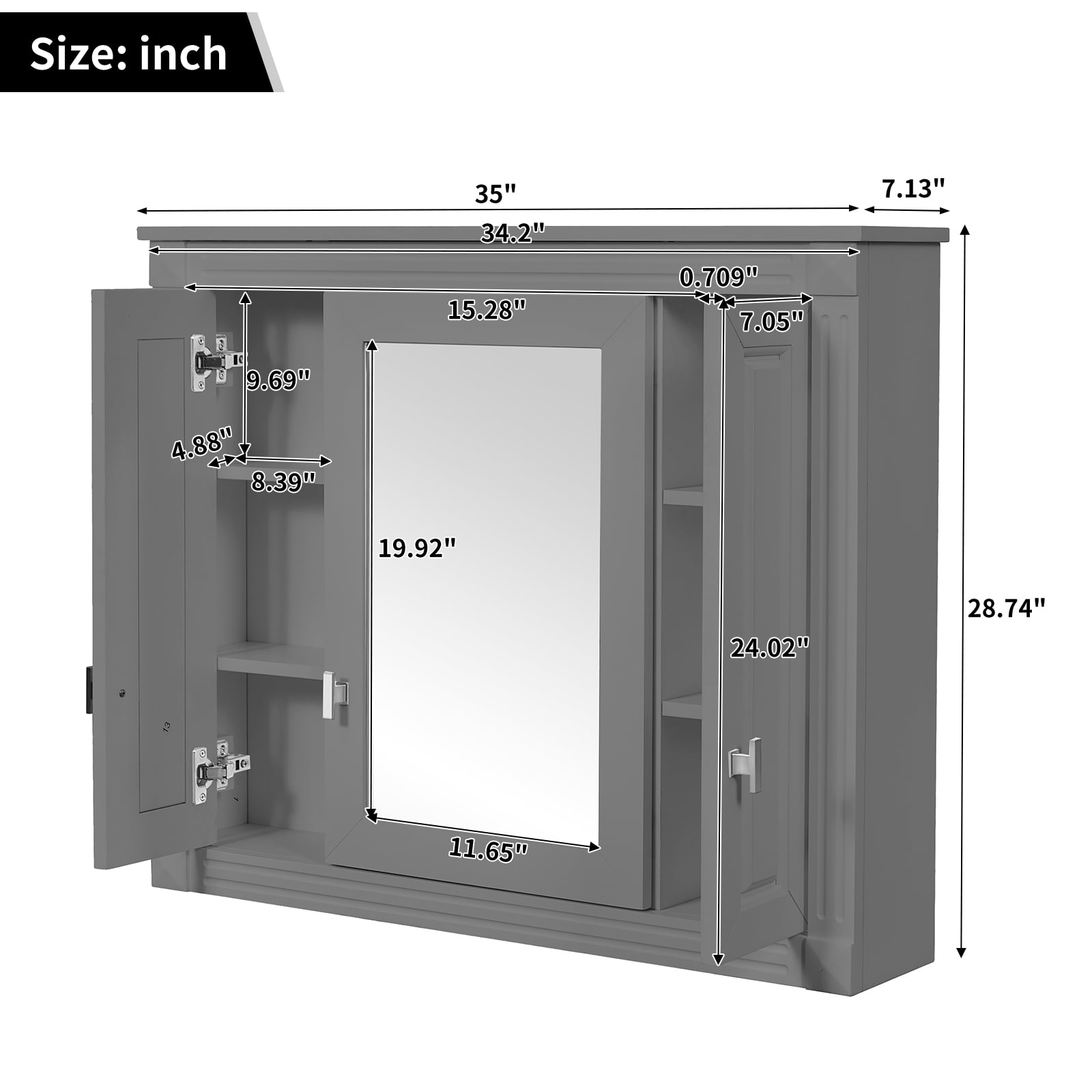 Euroco Bathroom Wall Cabinet with Mirror, Wall Mounted Medicine Cabinet with 4 Shelves, Mirrored Door Over Toilet Storage Cabinet