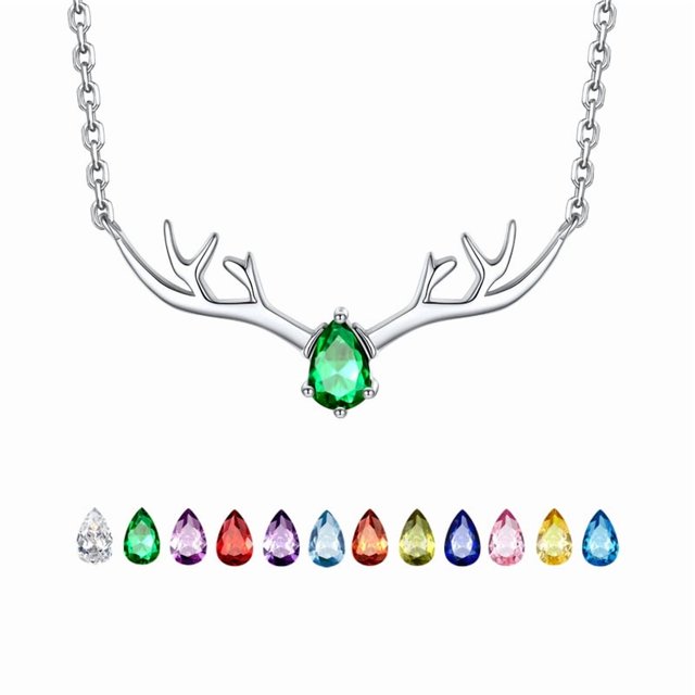 Collar de plata para mujer Silvora Collares con colgante único de cuerno de ciervo Cristal sintético Piedra natalicio Regalos de Navidad para mamá, hija, esposa