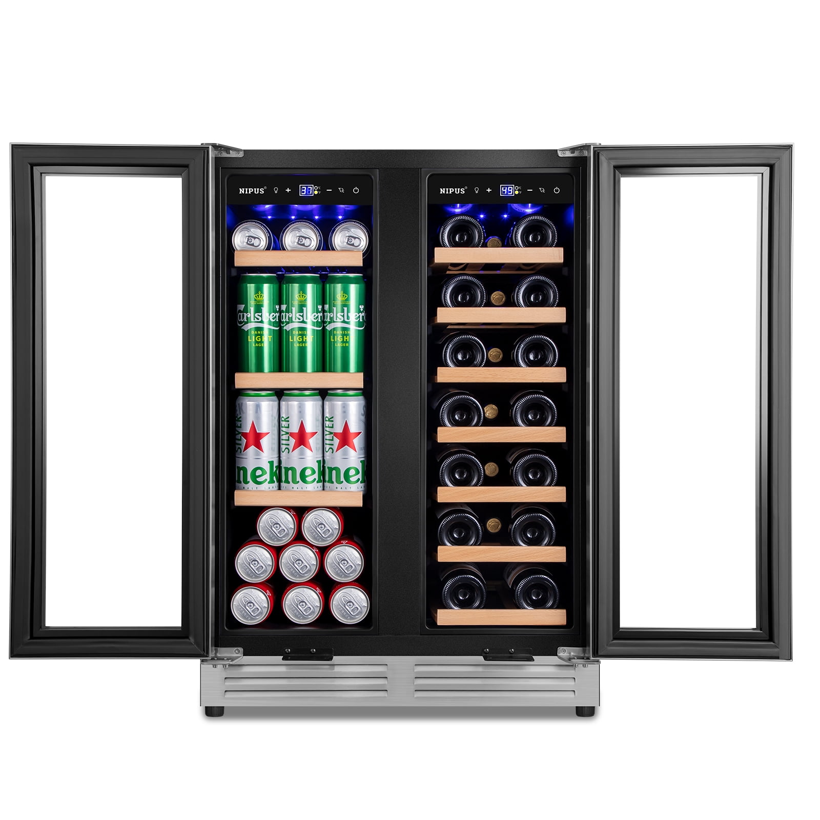 Tylza Wine and Beverage Refrigerator, 24 inch Built-in Dual Zone Wine and Beverage Cooler, Freestanding French Door Drin