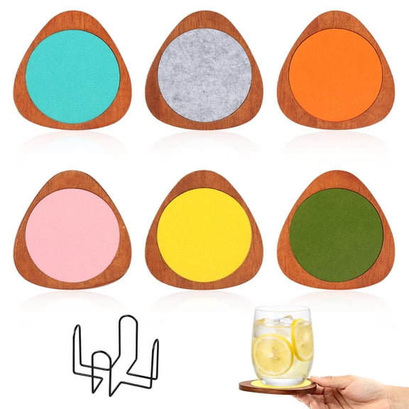 4.5-Inch Wood Coasters with Holder, Set of 6 Absorbent Felt Drink Coasters for Coffee Table Desk, Non-Slip Heat-Resistant Tabletop Protection