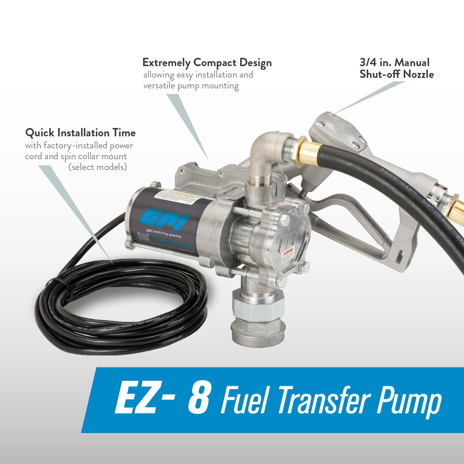 GPI - EZ-8 12v Fuel Transfer Pump (137100-05), Manual Shut-off Nozzle, 10'  Hose, Power Cord, Adjustable Suction Pipe, Spin Collar
