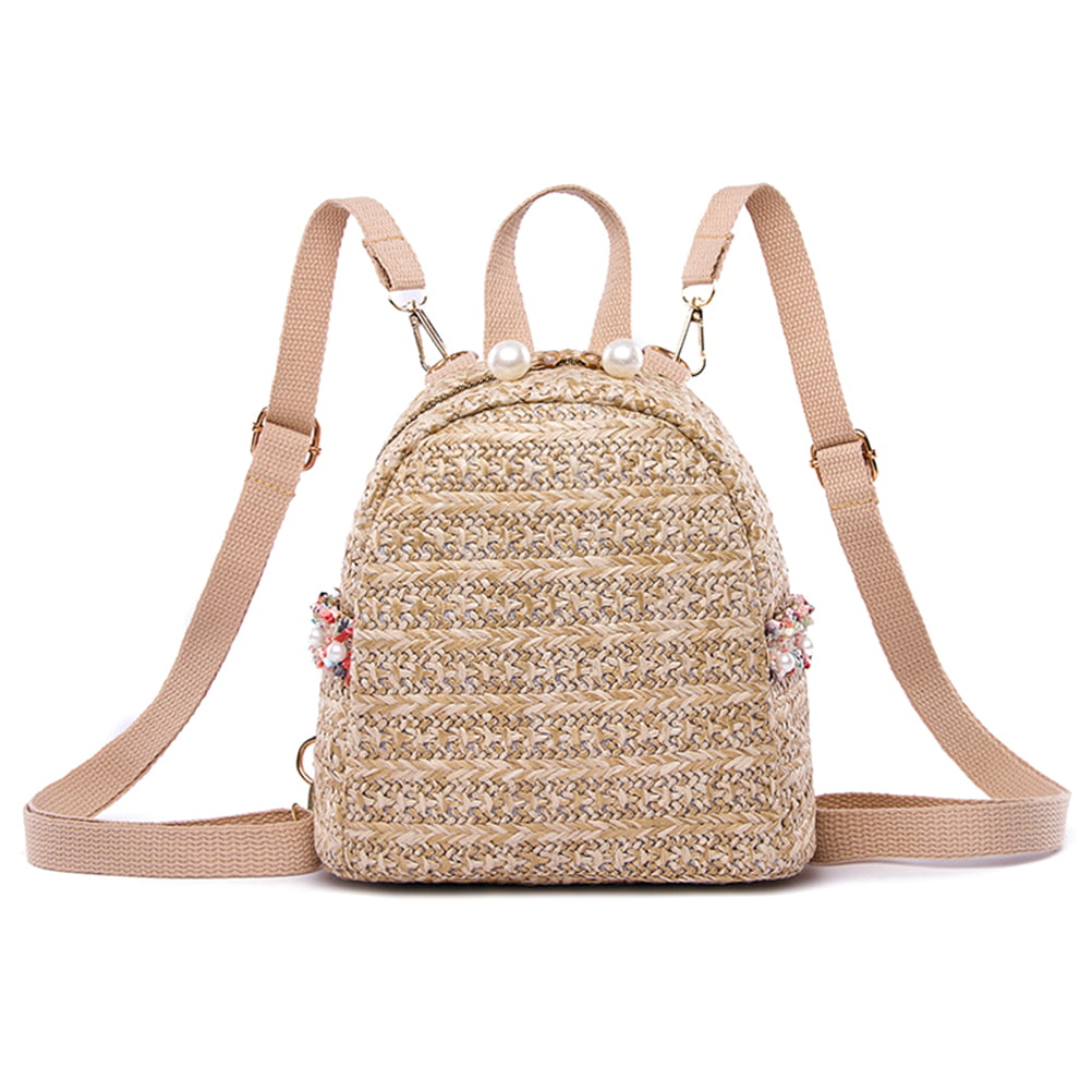 Small Backpack for Women,Pearl Vine Grass Weaving Casual Pack Handbag Shoulder Tote Bag Khaki 
