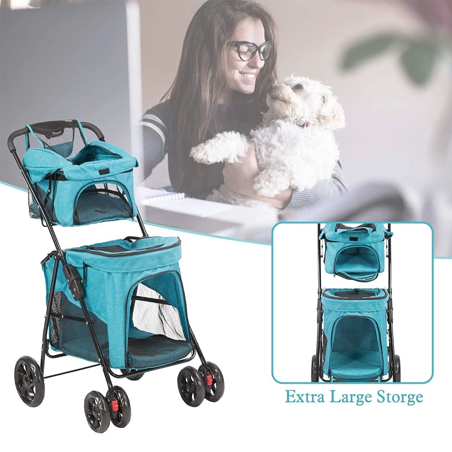Pefilos 39" 4 Wheels Pet Stroller Dog Cat Cage Jogger Stroller for Medium Small Dogs Cats Travel Folding Carrier Puppy Stroller, Blue Pefilos 39" 4 Wheels Pet Stroller Dog Cat Cage Jogger Stroller for Medium Small Dogs Cats Travel Folding Carrier Puppy Stroller, Blue