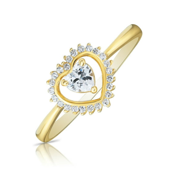 Tilo Jewelry 14K Yellow Gold Solitaire Heart Halo Engagement Wedding Ring with Cubic Zirconia CZ Stones | Size 5 | Dainty Statement Cocktail Ring for Women & Girls
