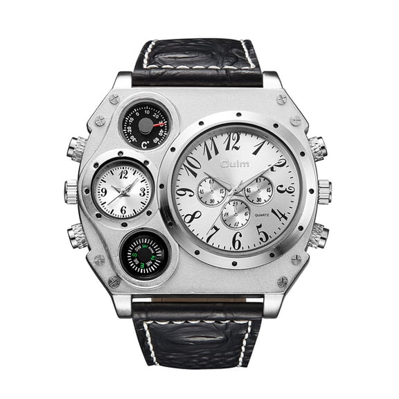 Oulm Compass Outdoor Sports Watches Analog White/Black/Brown Leather Strap Four Sub-dials Men Watch Sports Watch Military Watch Mechanical Watch for Men