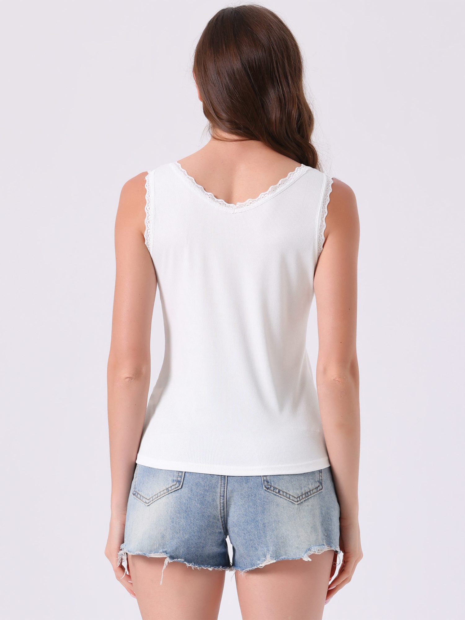 DARING DIVA Lace Trim Tank V Neck Sleeveless Undershirt M White