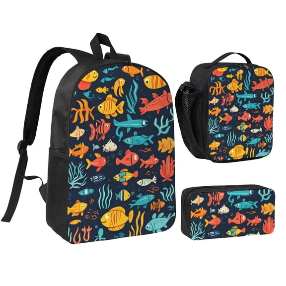 FishPattern Backpack 17 Inch Set with Lunch Bag and CaseDurableTravel Bag Combo for Work Commuting Daily Use