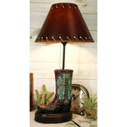 Western Tooled Turquoise Cowboy Boot Hand Painted Desktop Table Lamp With Shade