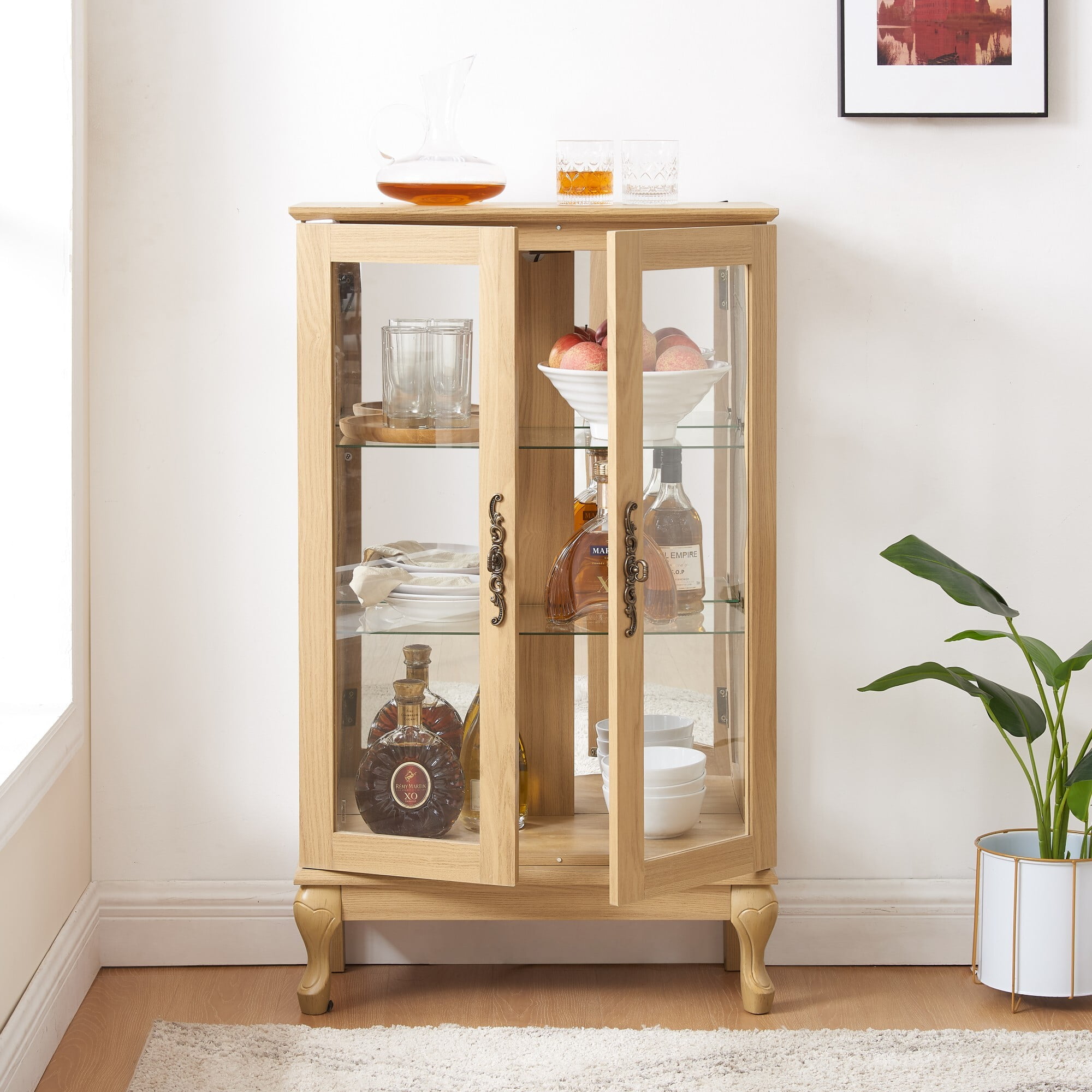AENKYO Retro Glass Curio Cabinet with Light Bulb & Adjustable Shelves, Small Vintage Home Decor Display Case, Oak