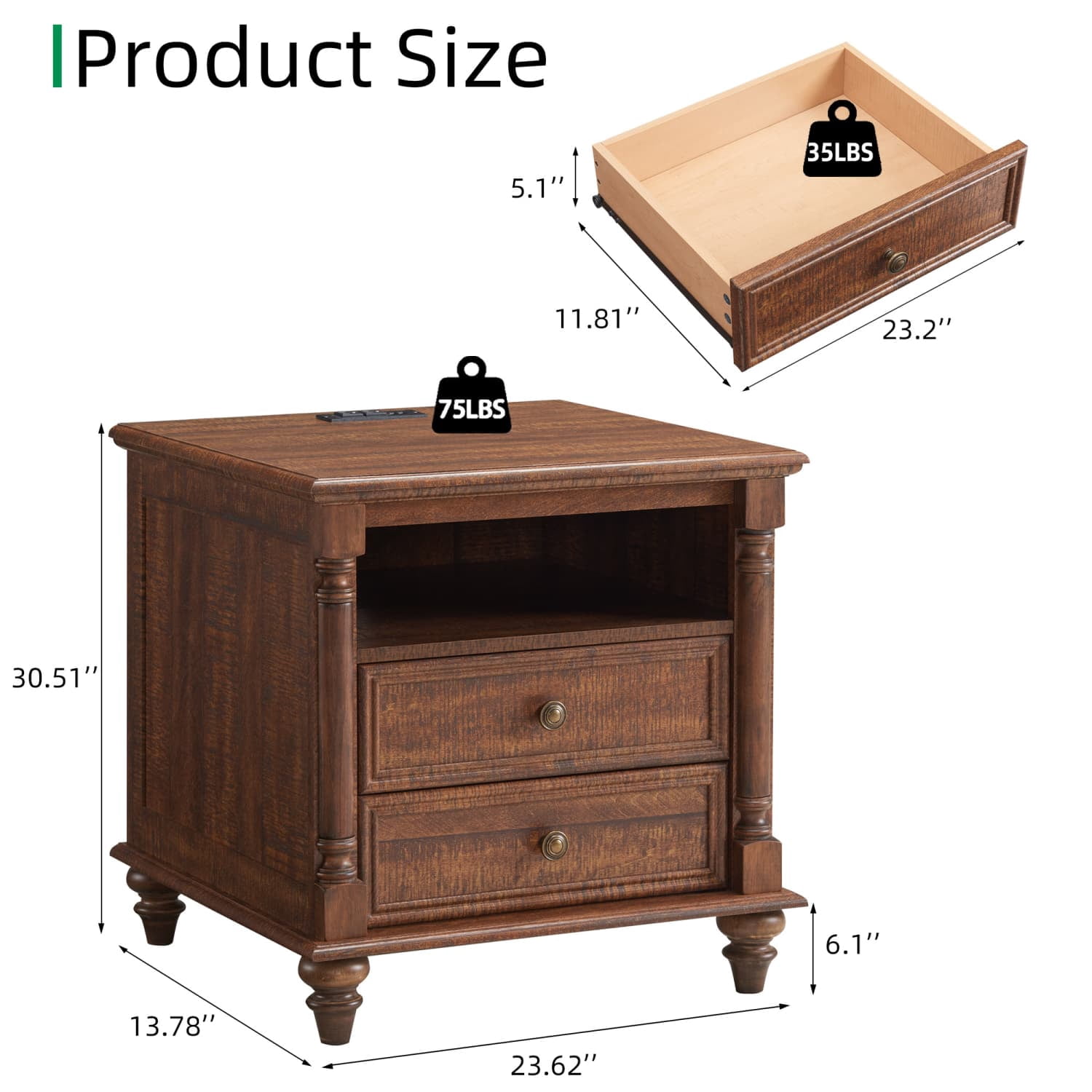 OKD Farmhouse Nightstand, 3 Drawer Wood Side Table with Charging Station for Bedroom, Living Room, Reclaimed Barnwood