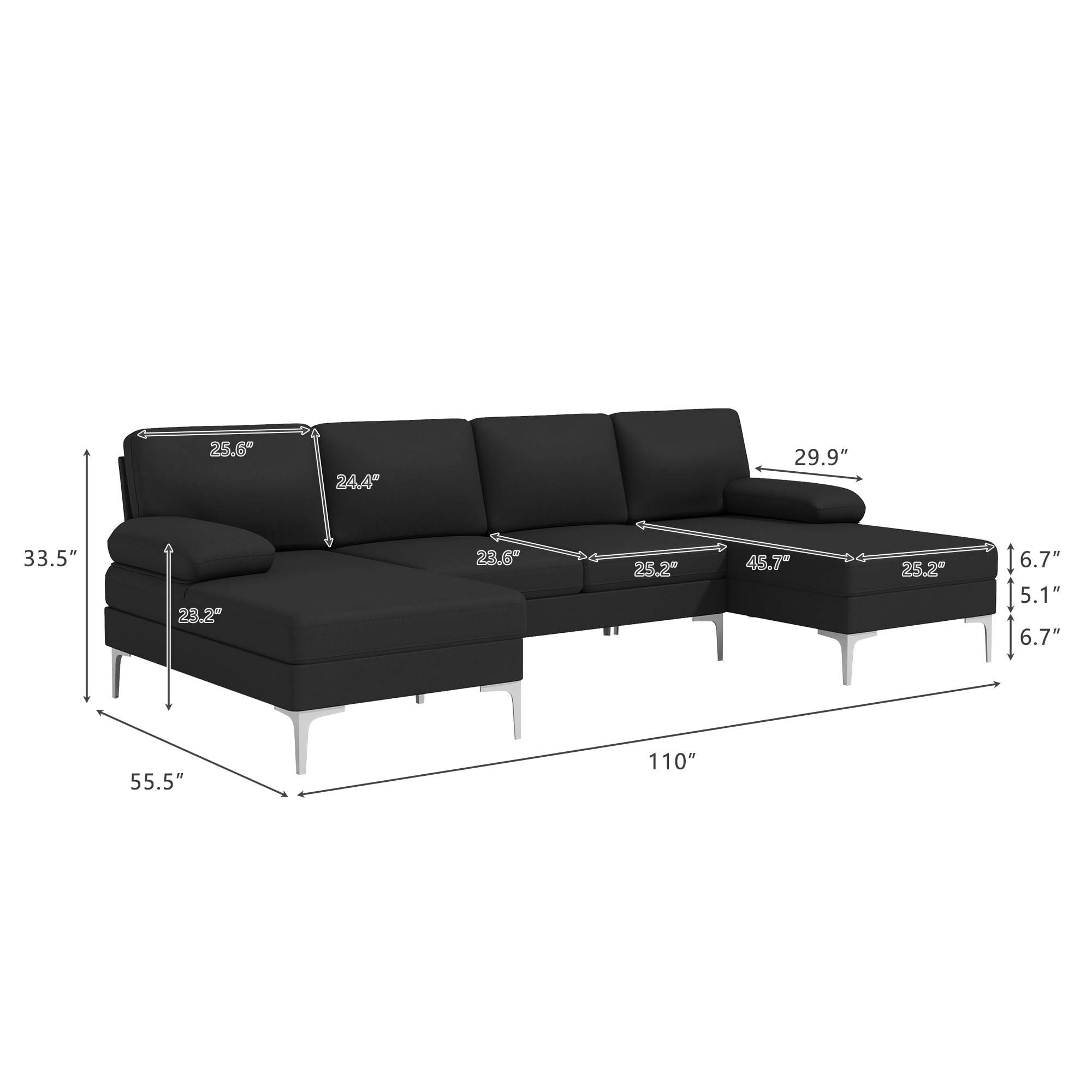 Kadyn U-Shaped Fabric with Two Imperial Concubine Iron Feet 4 Seats Indoor Modular Sofa, Sofa Couch for Living Room, Black