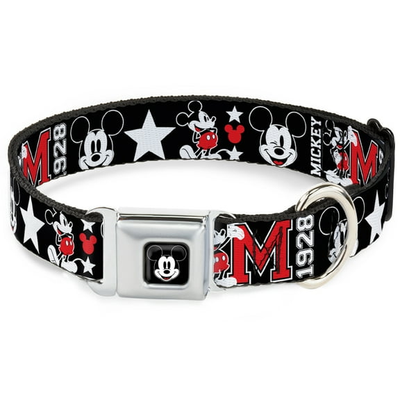 Disney Pet Collar, Dog Collar Metal Seatbelt Buckle, Classic Mickey Mouse 1928 Collage Black White Red, 11 to 16.5 Inches 1.0 Inch Wide