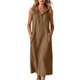 thumbnail image 2 of ClodeEU Women's V Neck Sleeveless Linen Blend Hooded Midi Dress,Casual Loose Fit Dress with Pockets Brown,Women's Plus XXL, 2 of 7
