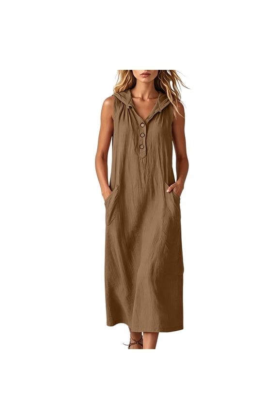 Loose Dresses for Women Summer Sleeveless Hooded V-Neck Midi Dress Button Front Casual Comfortable Everyday Dress with Pockets (Brown,S)