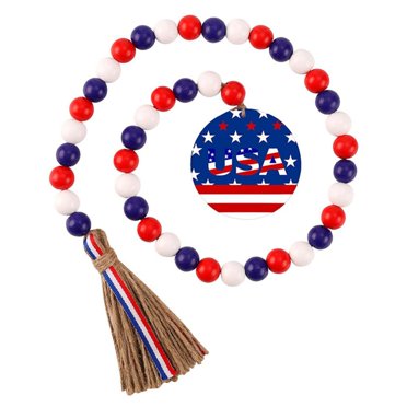 4.16ft Patriotic Wooden Beads Garland For Mantle Rustic Red White And Blue Stars Banner 4th Of July Independence Day Wall Hanging Prayer Beads For Fireplace Tiered Tray Decor (A