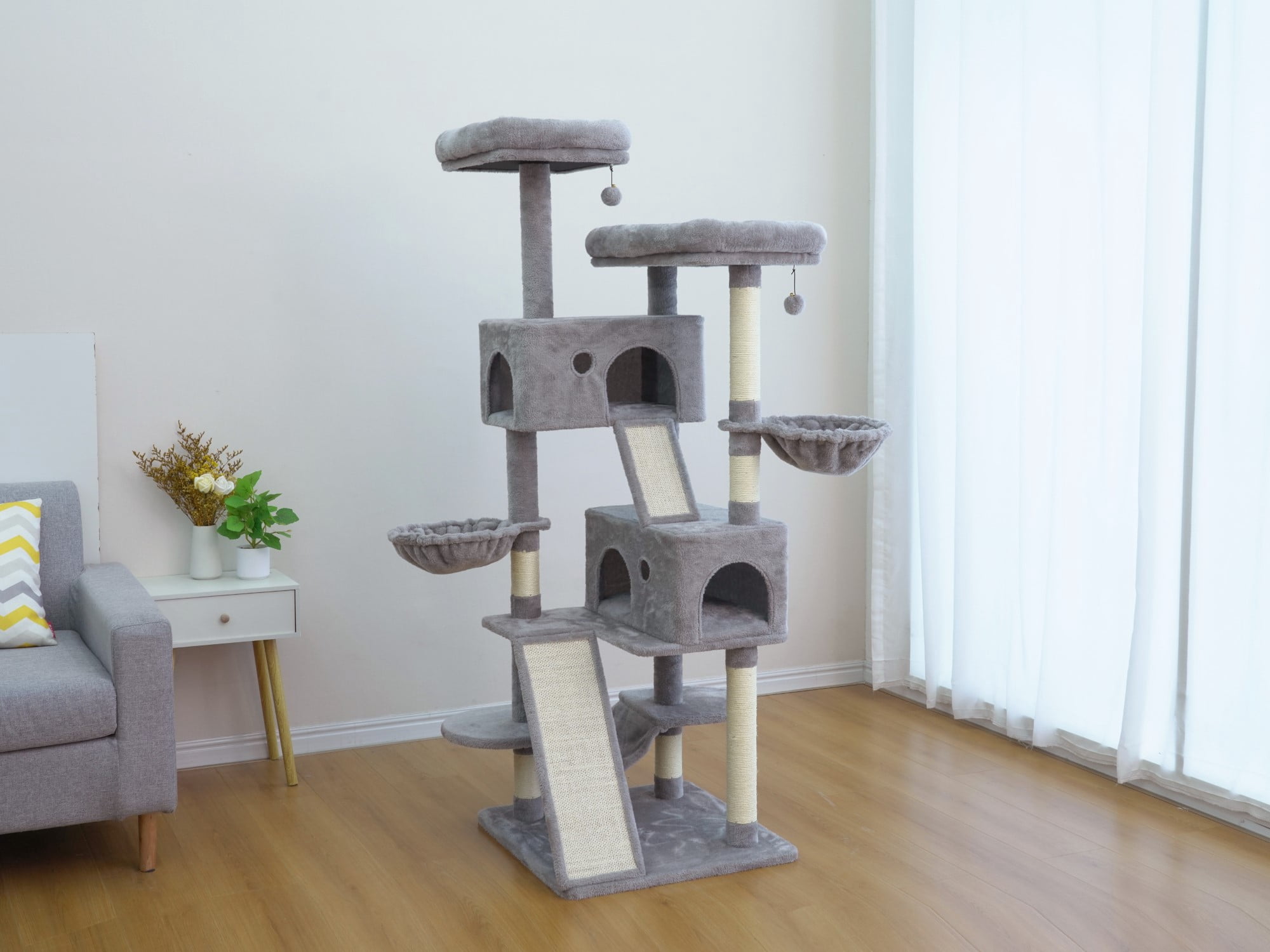 Vibrant Life Heavy Duty 8-Level 66" Cat Tree with Two Condos, Scratching Ramps, and Hammocks, Light Gray