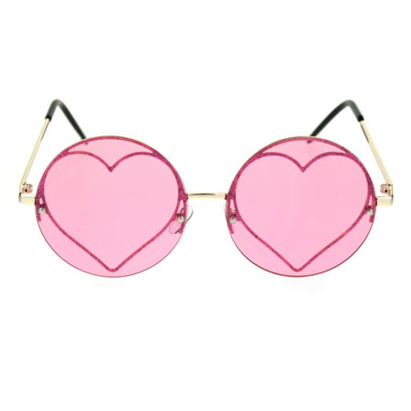 Glitter Heart Inner Frame Exposed Lens Hippie Circle Round Sunglasses Gold Pink